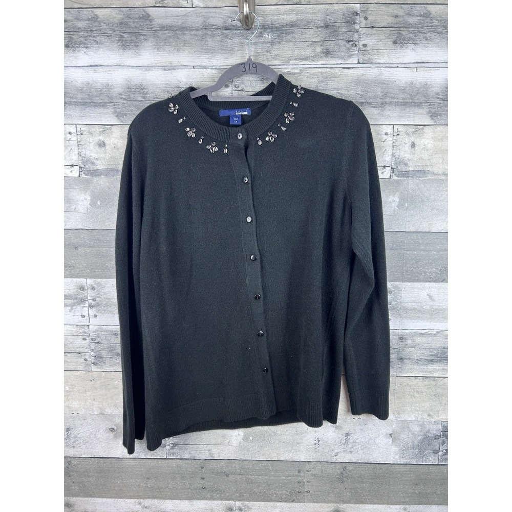 Basic Editions Large Black Button Up Cardigan With Neckline Accents